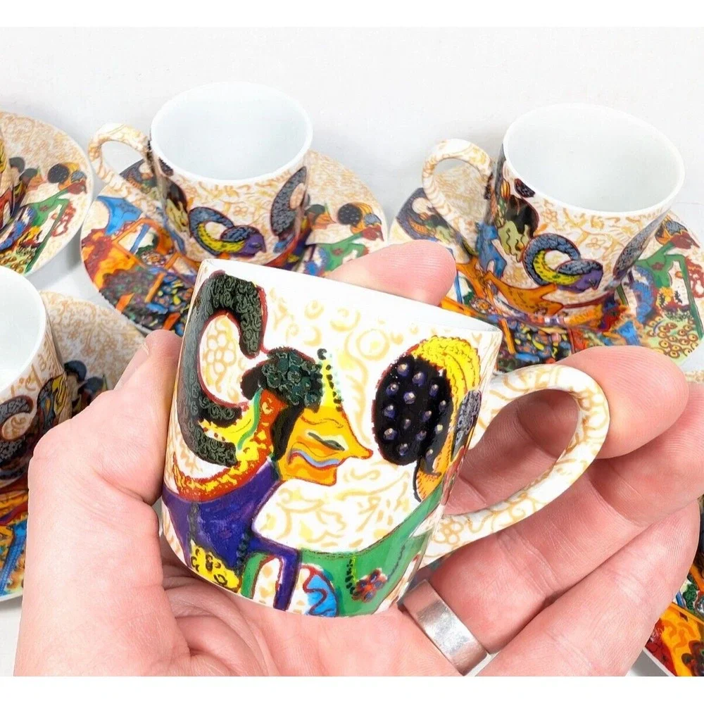 Pacita Abad Espresso Set‎ Mini Cup Mug Saucer Porcelain RARE Wayang Pandawa Lima